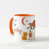 Cute Halloween Ghost with Pumpkin Spice Coffee Mug マグカップ (正面左)
