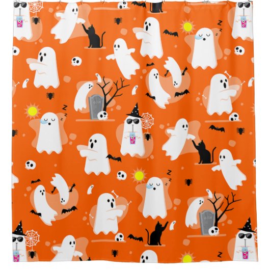 cute halloween ghosts black cat orange シャワーカーテン (正面)