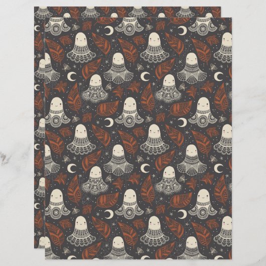 Cute Halloween Ghosts Lace - Rust Scrapbook Paper (正面/裏面)