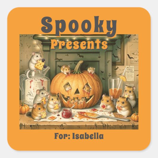 Cute Halloween Hamster Snack Party スクエアシール (正面)