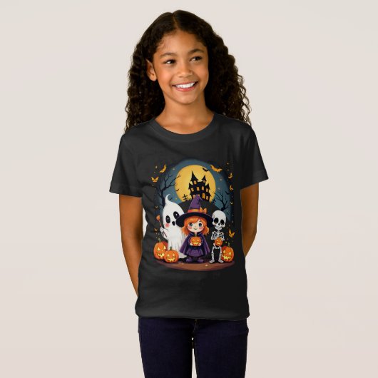Cute Halloween Kids Tee Ghost Witch Skeleton Tシャツ (正面フル)