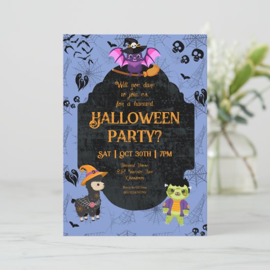 Cute Halloween Llama, Bat, Sloth Party 招待状 (スタンド正面)