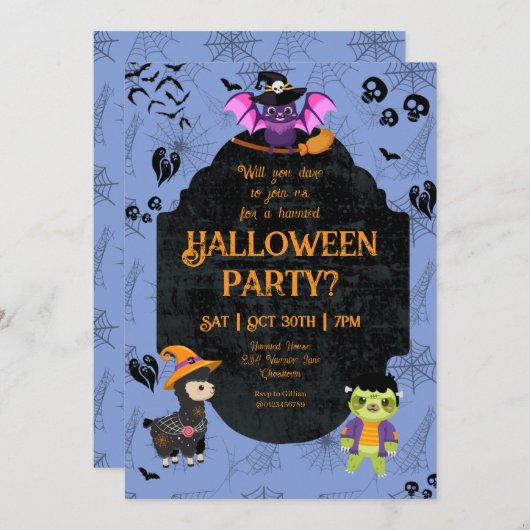 Cute Halloween Llama, Bat, Sloth Party 招待状 (正面/裏面)