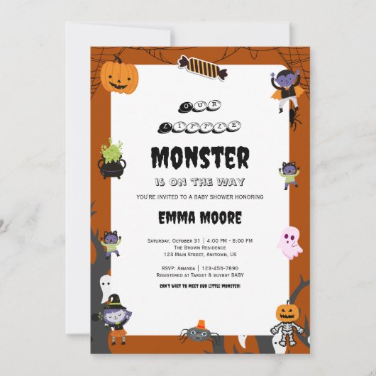 Cute Halloween Monster Baby Shower Design 招待状 (正面)