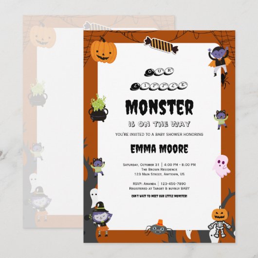 Cute Halloween Monster Baby Shower Design 招待状 (正面/裏面)