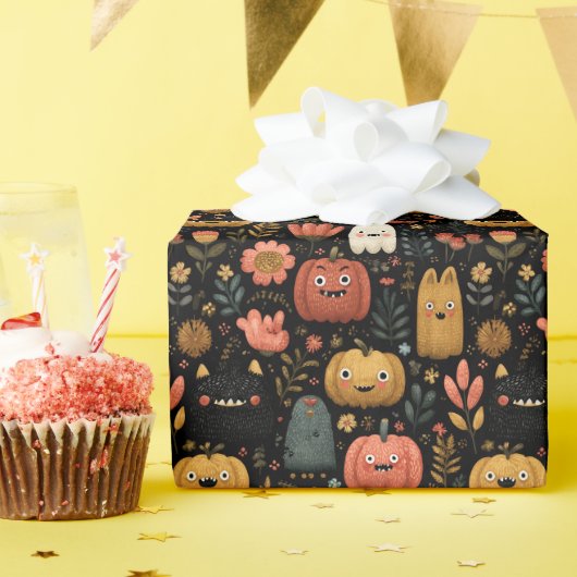 Cute Halloween Monsters and Pumpkins Pattern ラッピングペーパー (誕生日パーティー)