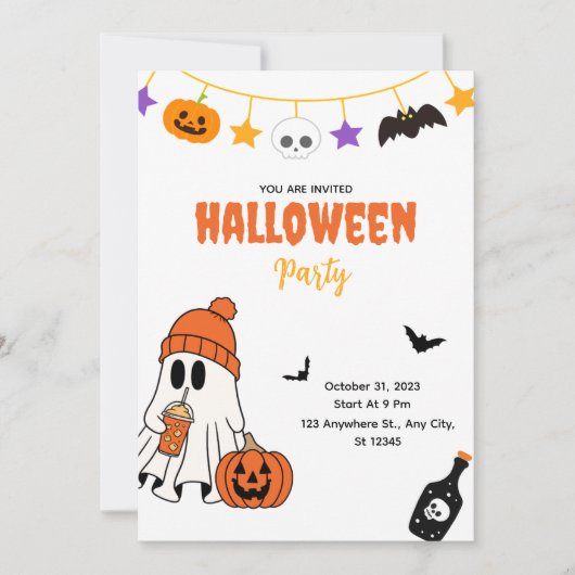 Cute Halloween Party Invitation with Ghost 招待状 (正面)