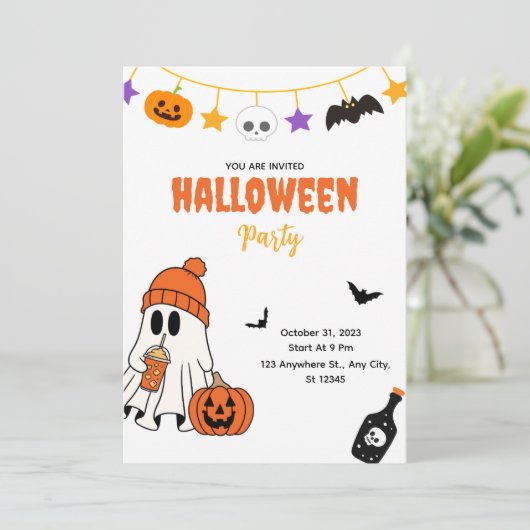 Cute Halloween Party Invitation with Ghost 招待状 (スタンド正面)