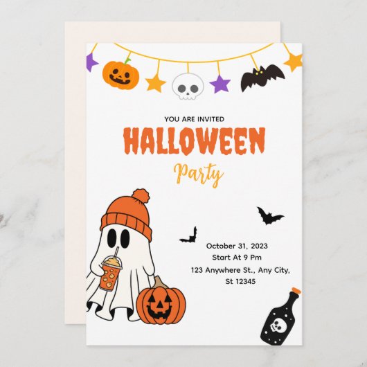 Cute Halloween Party Invitation with Ghost 招待状 (正面/裏面)