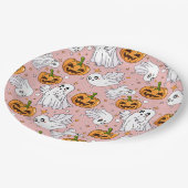 Cute Halloween Pattern with Ghosts & Pumpkins ペーパープレート (アングル)