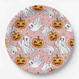 Cute Halloween Pattern with Ghosts & Pumpkins ペーパープレート