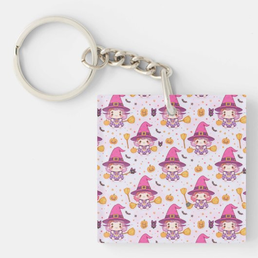 Cute Halloween Pattern with Pumpkins and witch キーホルダー (正面)