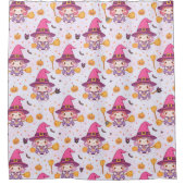 Cute Halloween Pattern with Pumpkins and witch シャワーカーテン (正面)