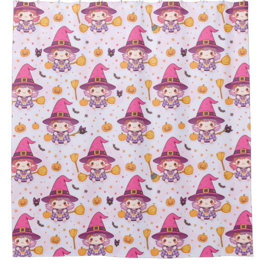 Cute Halloween Pattern with Pumpkins and witch シャワーカーテン (正面)