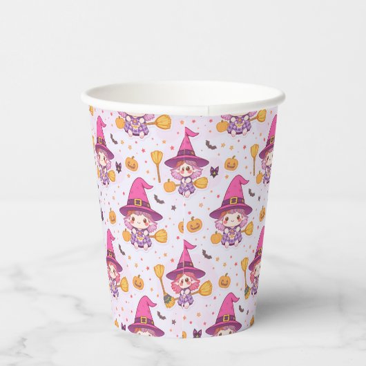  Cute Halloween Pattern with Witch and Pumpkins  紙コップ (右)