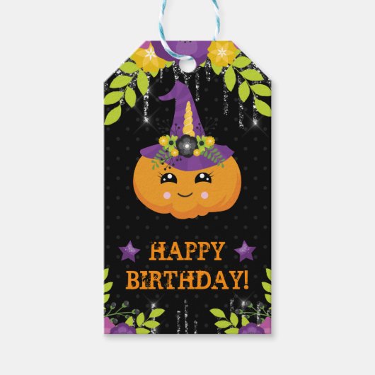 Cute Halloween Pumpkin Floral Birthday ギフトタグ (正面)