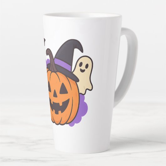 Cute Halloween Pumpkin with Witch Hat – Ghost & Ba カフェラテマグ (右アングル)