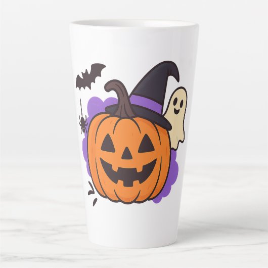 Cute Halloween Pumpkin with Witch Hat – Ghost & Ba カフェラテマグ (正面)