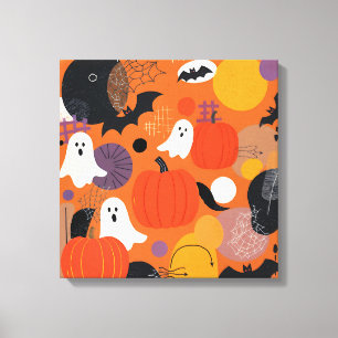 Cute Halloween Pumpkins and Ghosts キャンバスプリント