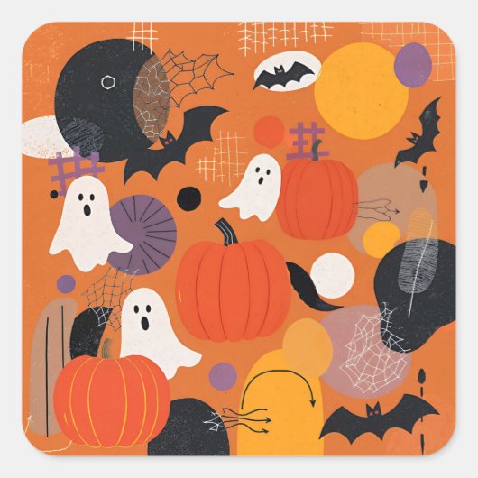 Cute Halloween Pumpkins and Ghosts スクエアシール (正面)