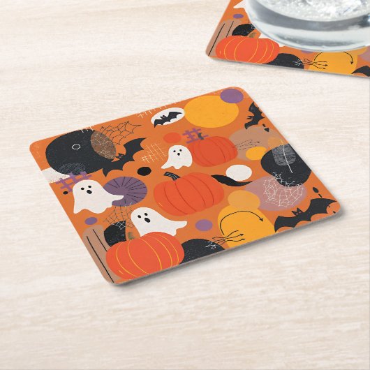 Cute Halloween Pumpkins and Ghosts スクエアペーパーコースター (アングル)