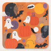 Cute Halloween Pumpkins and Ghosts スクエアペーパーコースター (正面)