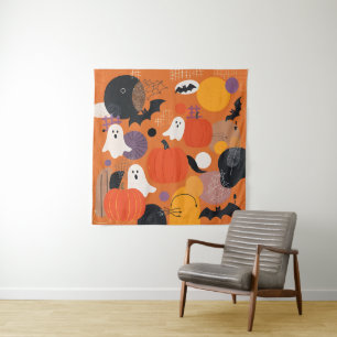 Cute Halloween Pumpkins and Ghosts タペストリー