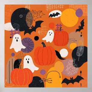 Cute Halloween Pumpkins and Ghosts ポスター