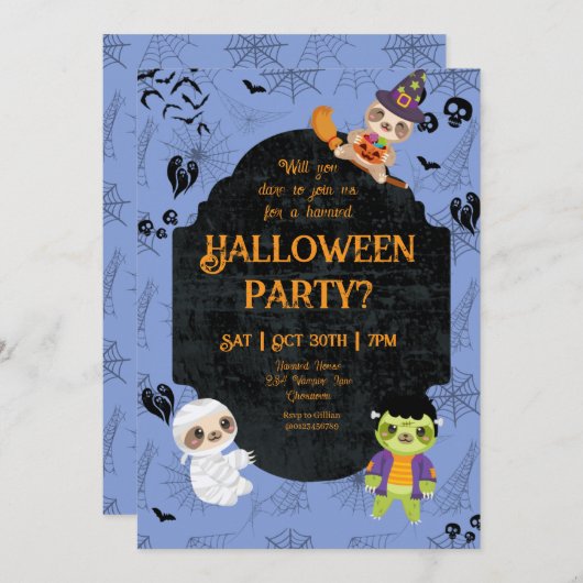 Cute Halloween Sloth 2 Party 招待状 (正面/裏面)