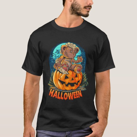 Cute Halloween Teddy Bear Sitting Pumpkin Hallowee Tシャツ (正面)