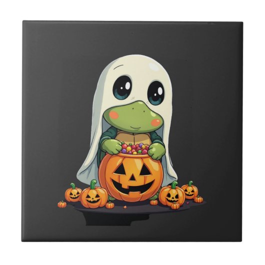 Cute Halloween Turtle Ghost with Candy (5) タイル (正面)