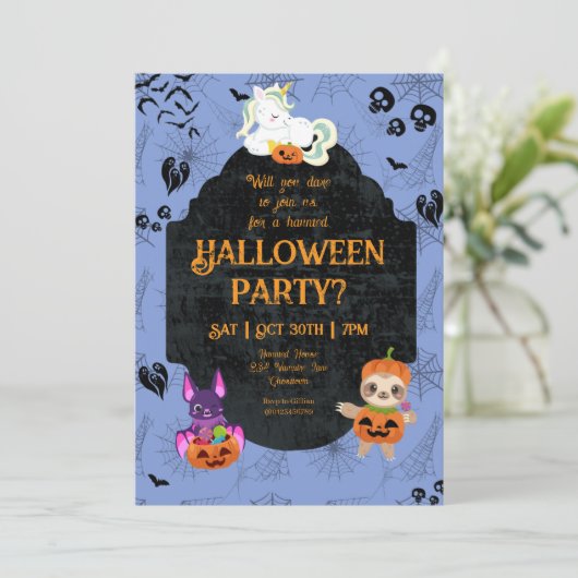 Cute Halloween Unicorn, Bat, Sloth Party 招待状 (スタンド正面)