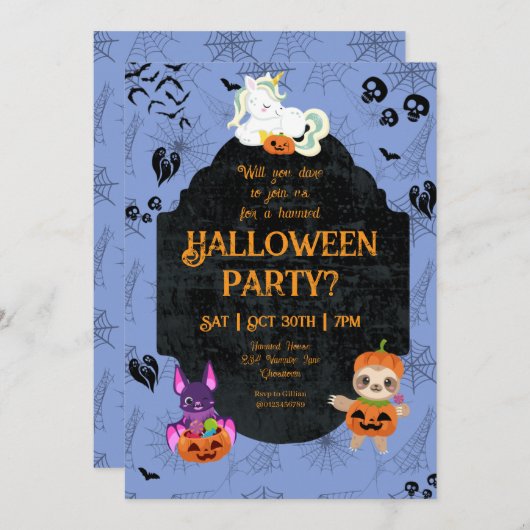 Cute Halloween Unicorn, Bat, Sloth Party 招待状 (正面/裏面)