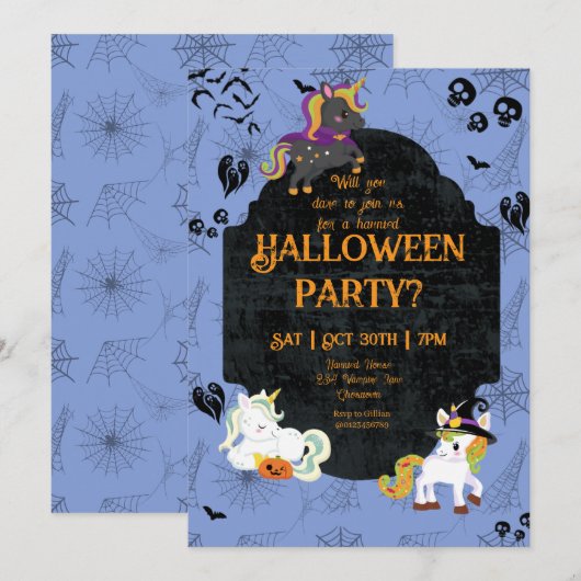 Cute Halloween Unicorns 1 Party 招待状 (正面/裏面)