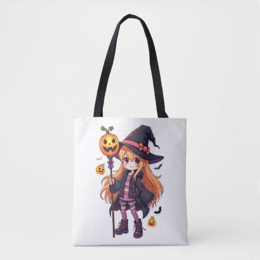 Cute Halloween Witch Anime Girl Sticker トートバッグ (正面)
