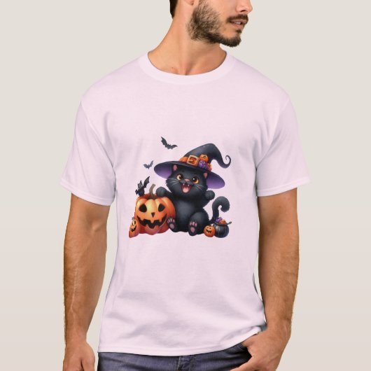 Cute Halloween Witch Cat & Pumpkin Friend  🐾🎃 Tシャツ (正面)