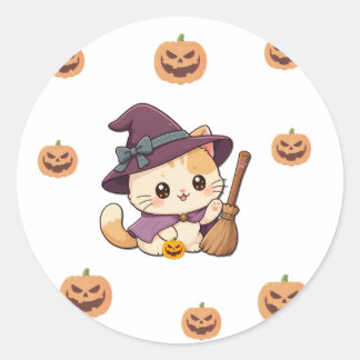 Cute Halloween Witch Cat Sticker ラウンドシール