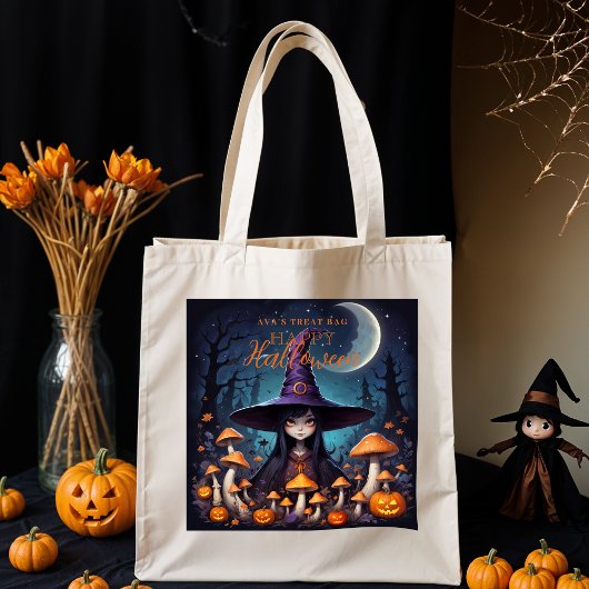 Cute Halloween Witch in Spooky Scene with Pumpkins トートバッグ