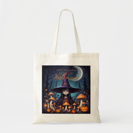 Cute Halloween Witch in Spooky Scene with Pumpkins トートバッグ (正面)