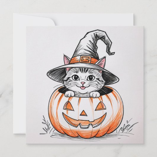 Cute Halloween Witch Kitten and Jack O'Lantern  シーズンカード (正面)