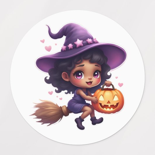 “Cute Halloween Witch Stickers – Kawaii Sorceress  ラベル (デザイン1)