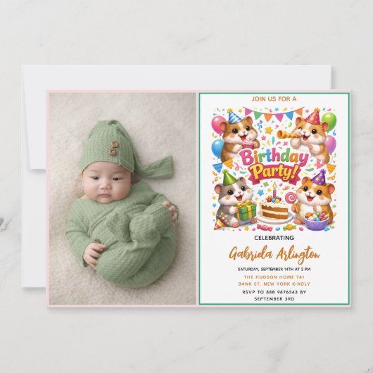 Cute Hamster Birthday Party | Kids Hamster 招待状 (正面)