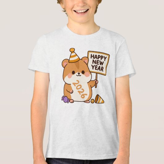 Cute Hamster Happy New Year 2026 トライブレンドＴシャツ (正面)