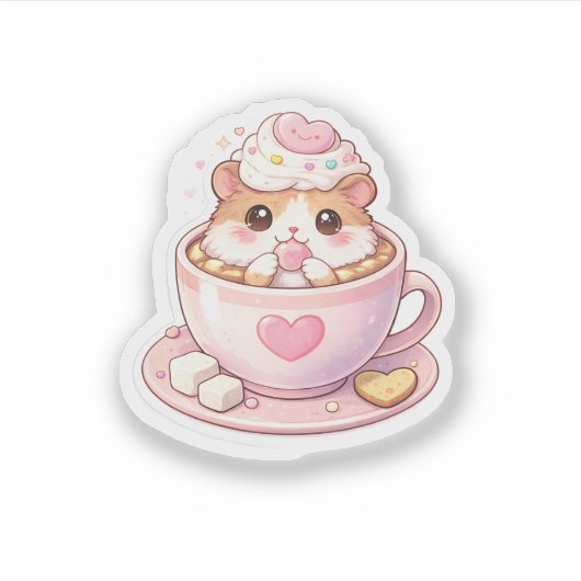 Cute Hamster in Coffee Cup Kawaii Sticker シール (正面)