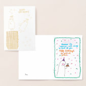 Cute Hand-Drawn Birthday Card with Dancing Friend 箔カード (ディスプレー)