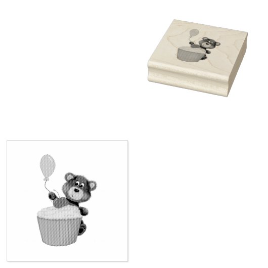 Cute Hand Drawn Brown Bear with Balloon & Cupcake  ラバースタンプ (押印)