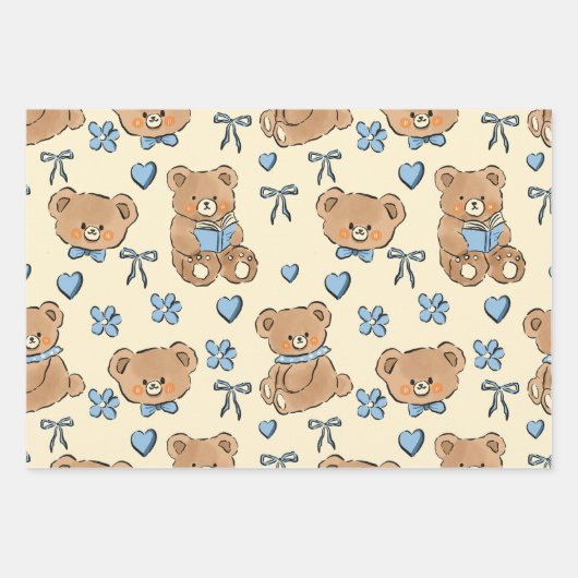 Cute Hand-drawn Brown Teddy Bears Seamless Pattern ラッピングペーパーシート (正面)