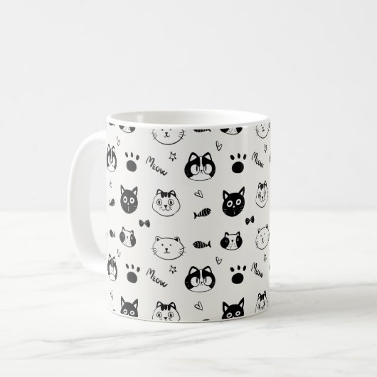 Cute Hand-drawn Cat Faces Doodle Pattern コーヒーマグカップ (正面左)