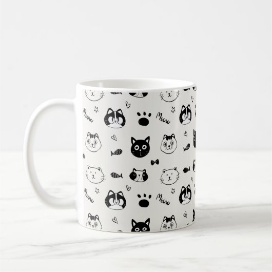 Cute Hand-drawn Cat Faces Doodle Pattern コーヒーマグカップ (左)