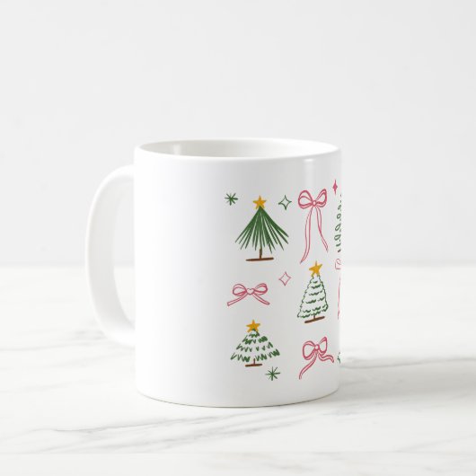 Cute Hand Drawn Christmas Trees and Bows Pattern コーヒーマグカップ (正面左)